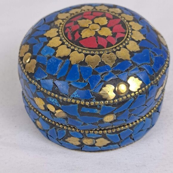 Nesting Trinket Boxes (3) Blue & Red Flat Stone with Gold Accents Handmade NWOT - Picture 9 of 11